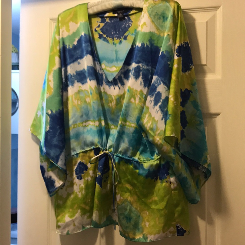 Blue and green v-neck top